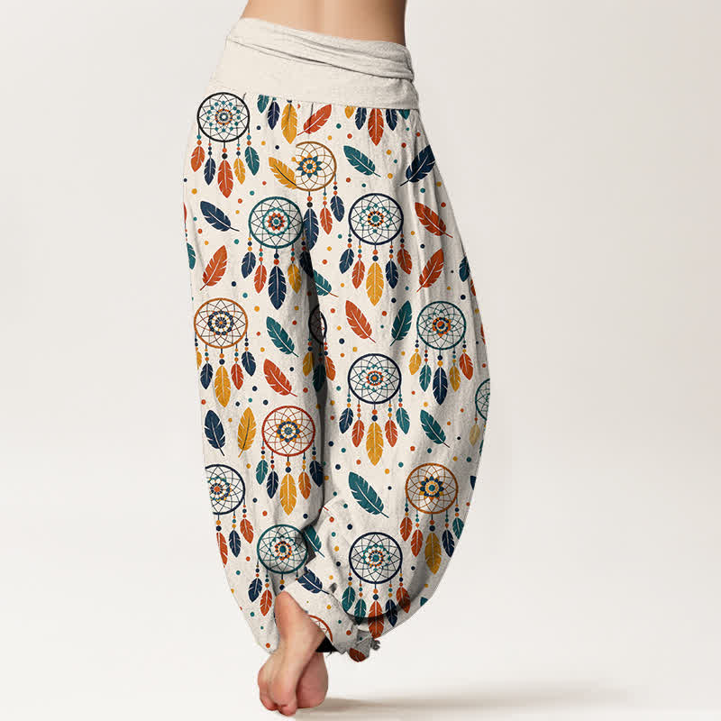 Nimara Ritual Cotton Dreamcatcher Feather Pattern Women's Elastic Waist Harem Pants
