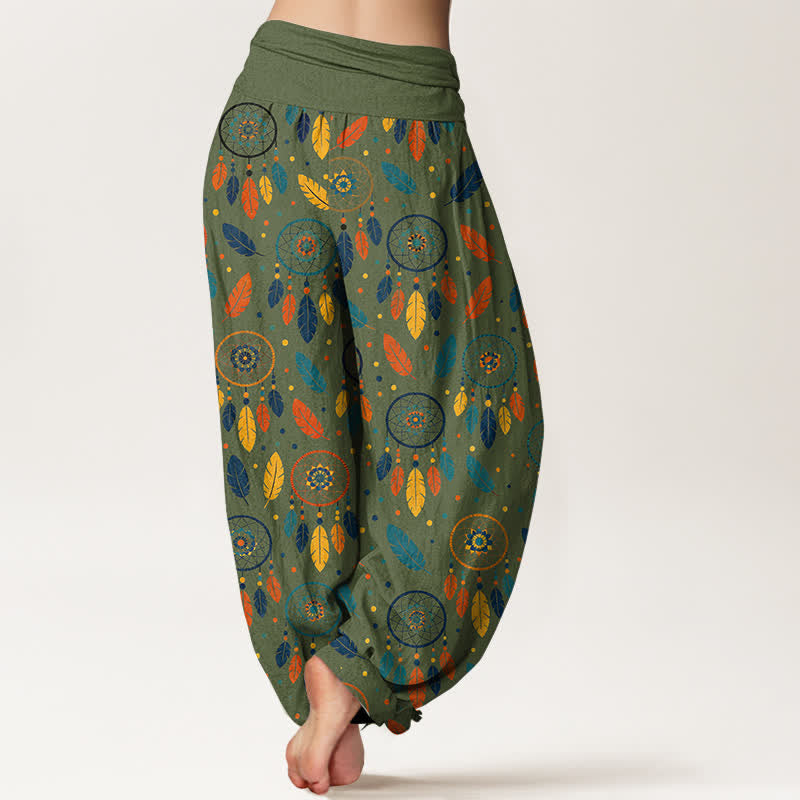 Nimara Ritual Cotton Dreamcatcher Feather Pattern Women's Elastic Waist Harem Pants