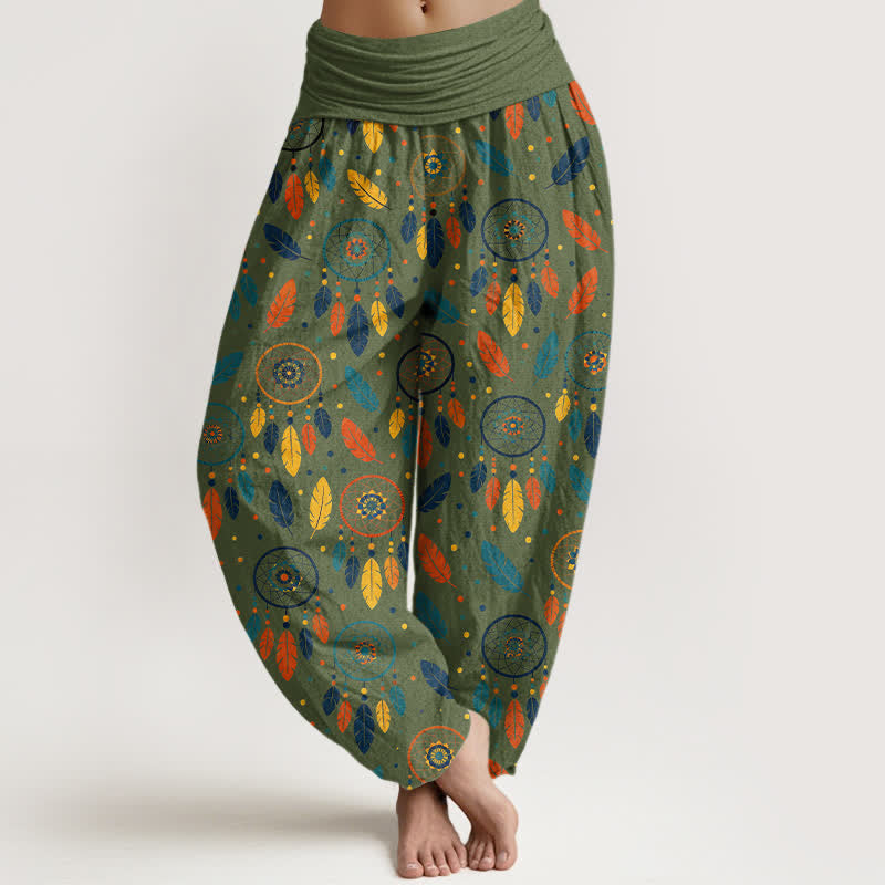 Nimara Ritual Cotton Dreamcatcher Feather Pattern Women's Elastic Waist Harem Pants