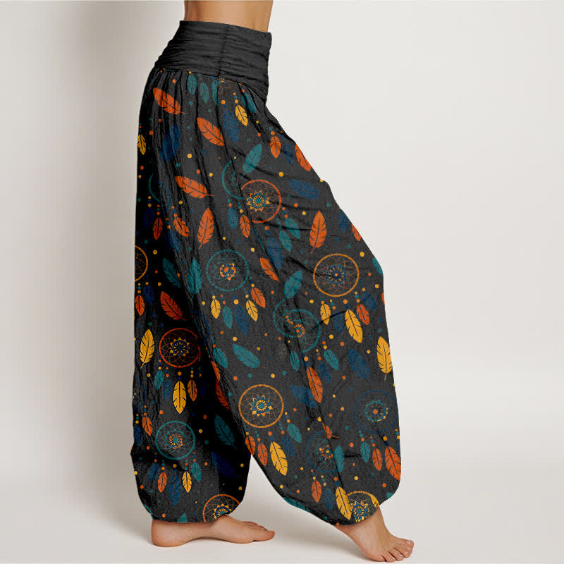 Nimara Ritual Cotton Dreamcatcher Feather Pattern Women's Elastic Waist Harem Pants