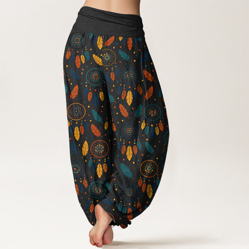 Nimara Ritual Cotton Dreamcatcher Feather Pattern Women's Elastic Waist Harem Pants