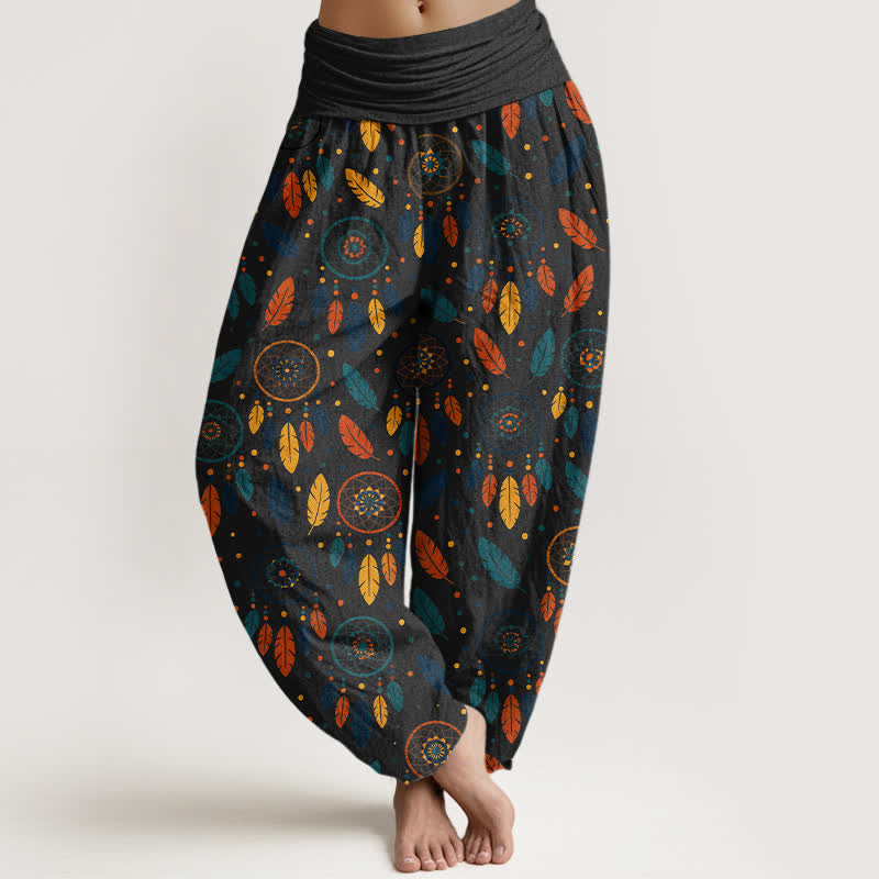 Nimara Ritual Cotton Dreamcatcher Feather Pattern Women's Elastic Waist Harem Pants