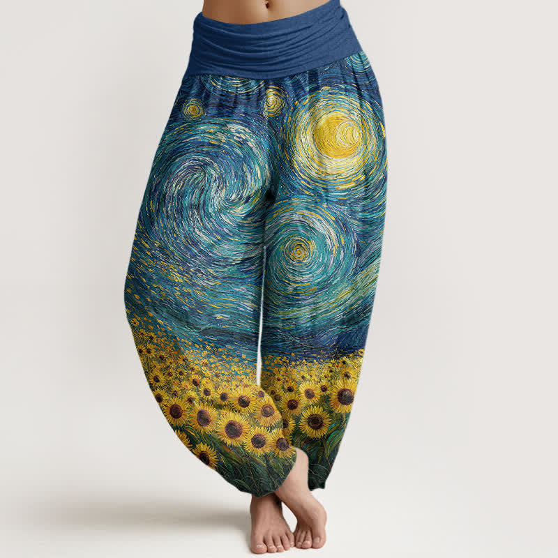 Nimara Ritual Cotton Starry Night Sunflower Pattern Women's Elastic Waist Harem Pants