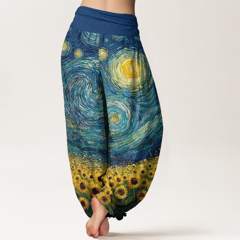 Nimara Ritual Cotton Starry Night Sunflower Pattern Women's Elastic Waist Harem Pants