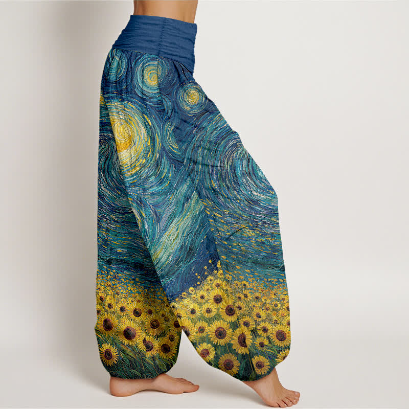 Nimara Ritual Cotton Starry Night Sunflower Pattern Women's Elastic Waist Harem Pants