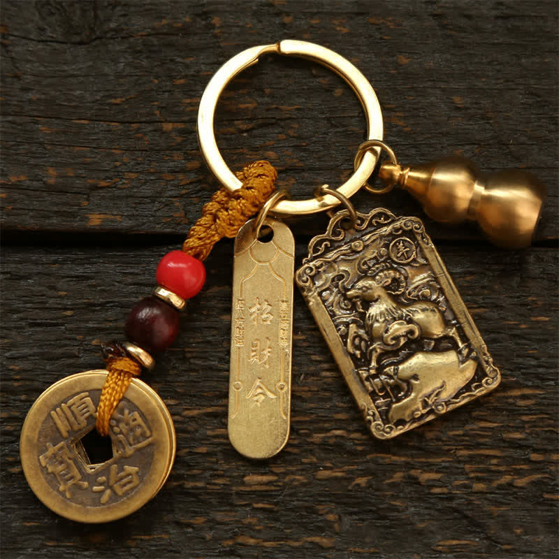 Nimara Ritual Copper Chinese Zodiac Five Emperor Coins Gourd Protection Keychains