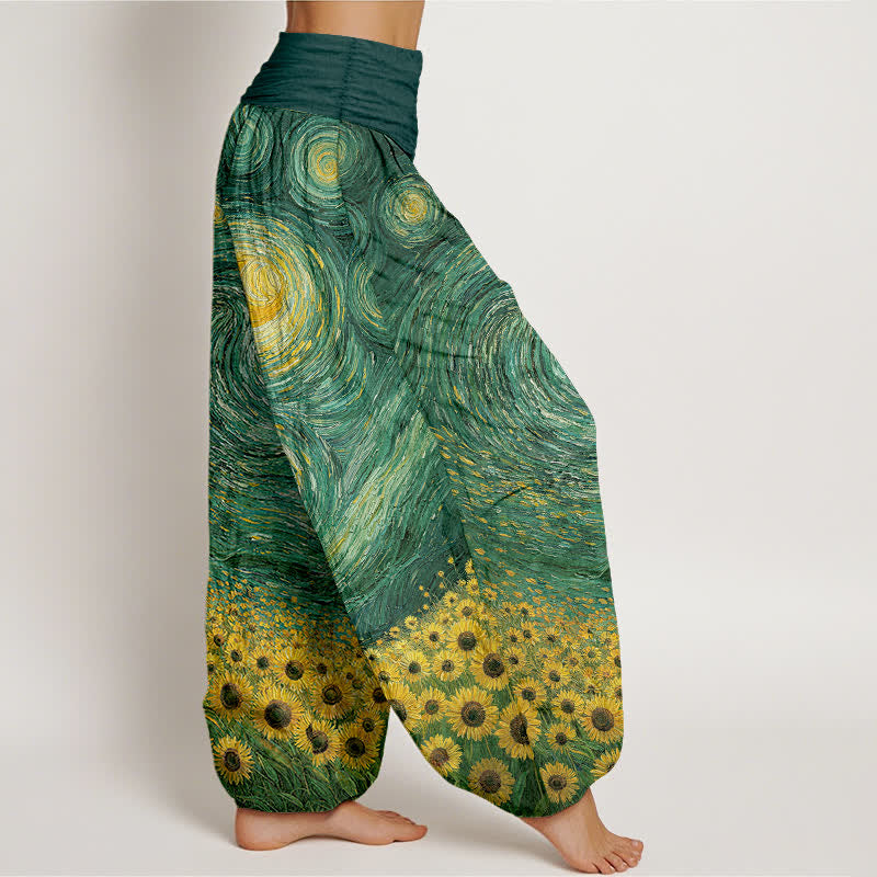 Nimara Ritual Cotton Starry Night Sunflower Pattern Women's Elastic Waist Harem Pants