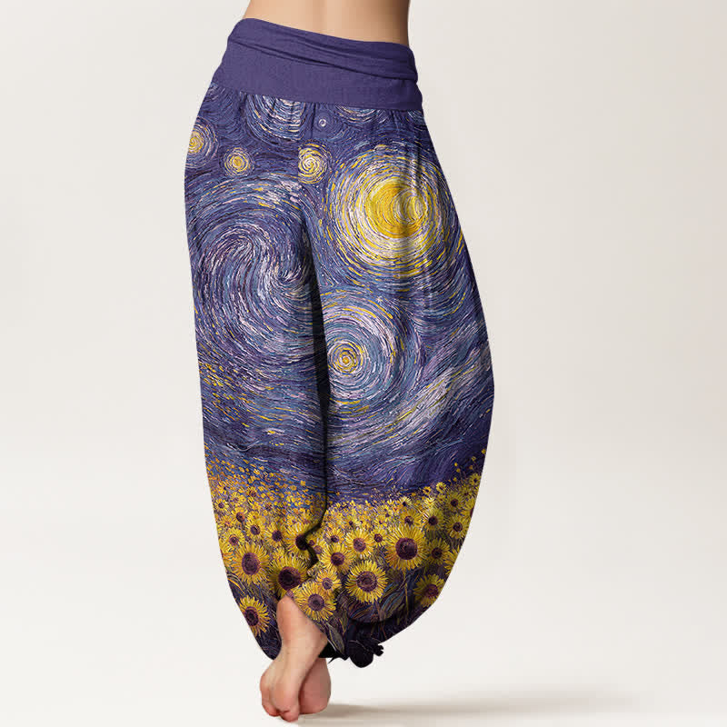 Nimara Ritual Cotton Starry Night Sunflower Pattern Women's Elastic Waist Harem Pants