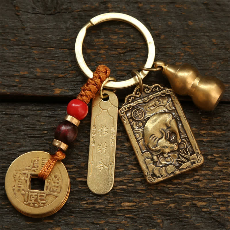 Nimara Ritual Copper Chinese Zodiac Five Emperor Coins Gourd Protection Keychains