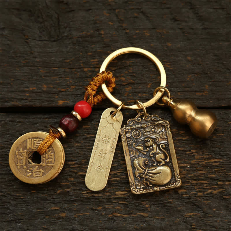 Nimara Ritual Copper Chinese Zodiac Five Emperor Coins Gourd Protection Keychains