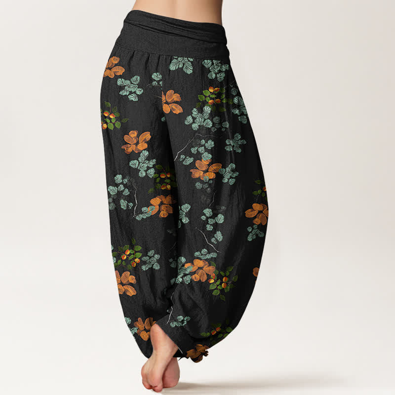 Nimara Ritual Cotton Orange Blossom Mint Leaf Pattern Women's Elastic Waist Harem Pants