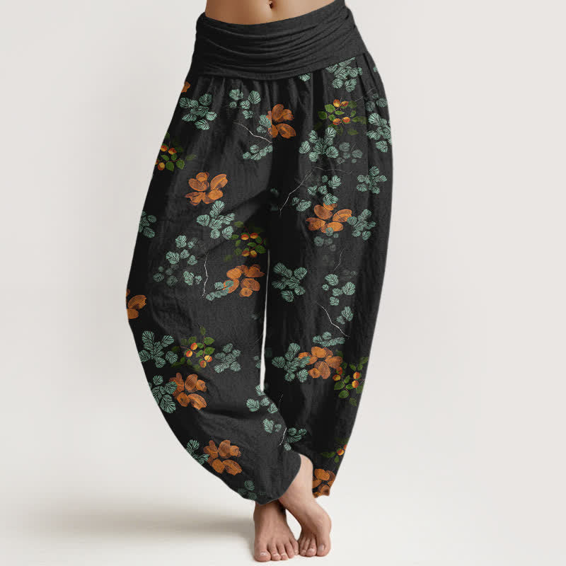 Nimara Ritual Cotton Orange Blossom Mint Leaf Pattern Women's Elastic Waist Harem Pants