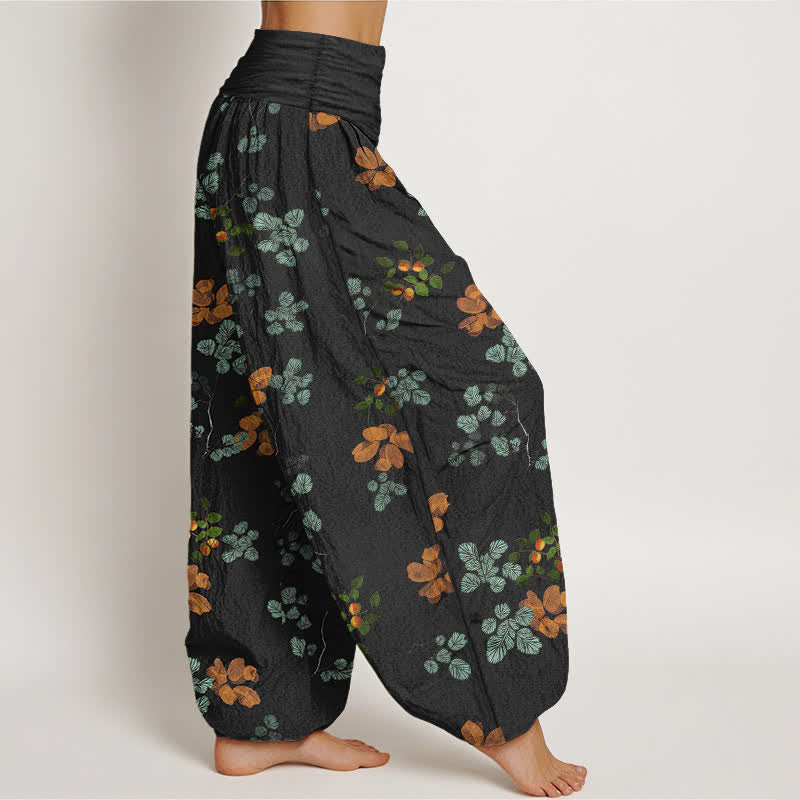 Nimara Ritual Cotton Orange Blossom Mint Leaf Pattern Women's Elastic Waist Harem Pants
