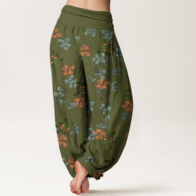 Nimara Ritual Cotton Orange Blossom Mint Leaf Pattern Women's Elastic Waist Harem Pants