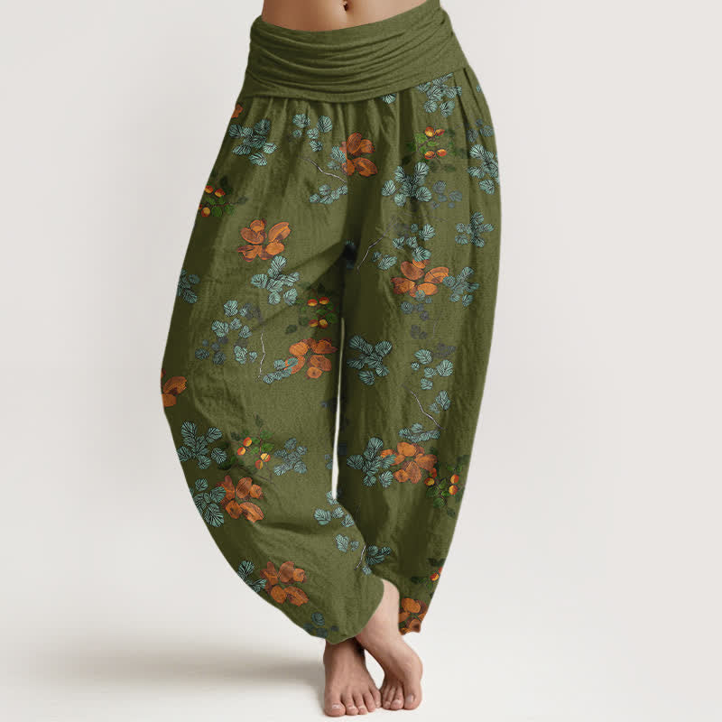 Nimara Ritual Cotton Orange Blossom Mint Leaf Pattern Women's Elastic Waist Harem Pants