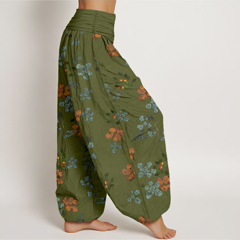Nimara Ritual Cotton Orange Blossom Mint Leaf Pattern Women's Elastic Waist Harem Pants