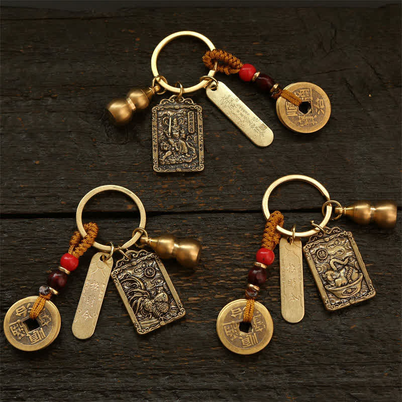 Nimara Ritual Copper Chinese Zodiac Five Emperor Coins Gourd Protection Keychains