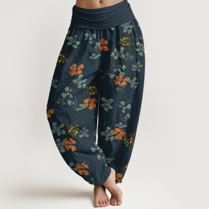 Nimara Ritual Cotton Orange Blossom Mint Leaf Pattern Women's Elastic Waist Harem Pants