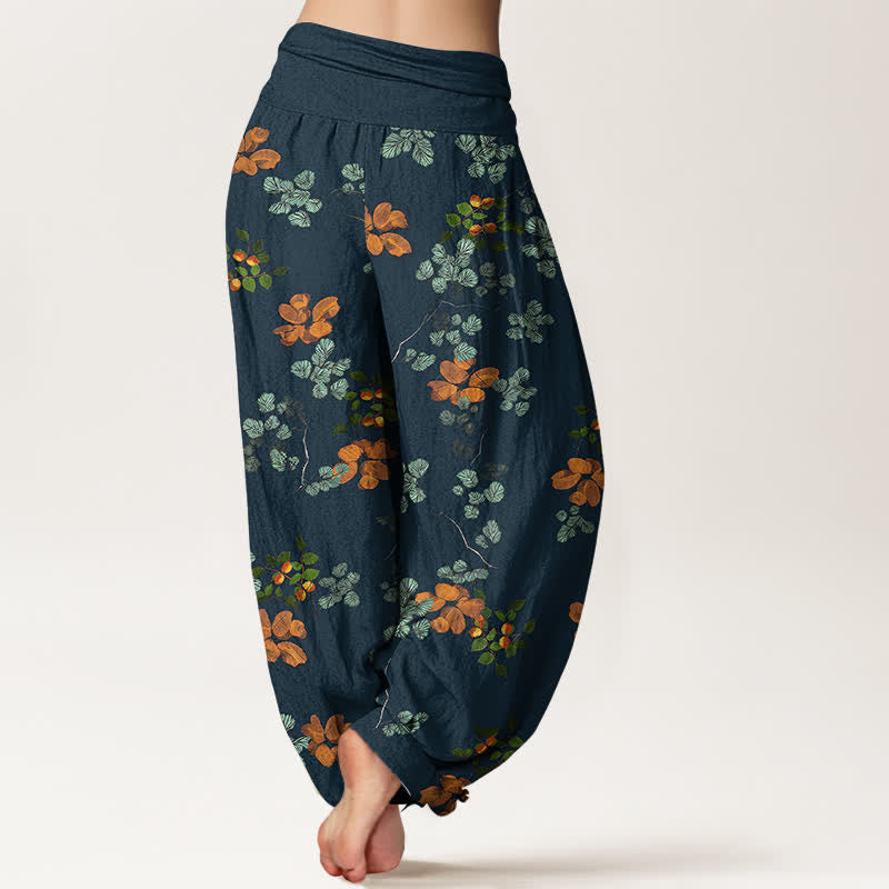 Nimara Ritual Cotton Orange Blossom Mint Leaf Pattern Women's Elastic Waist Harem Pants