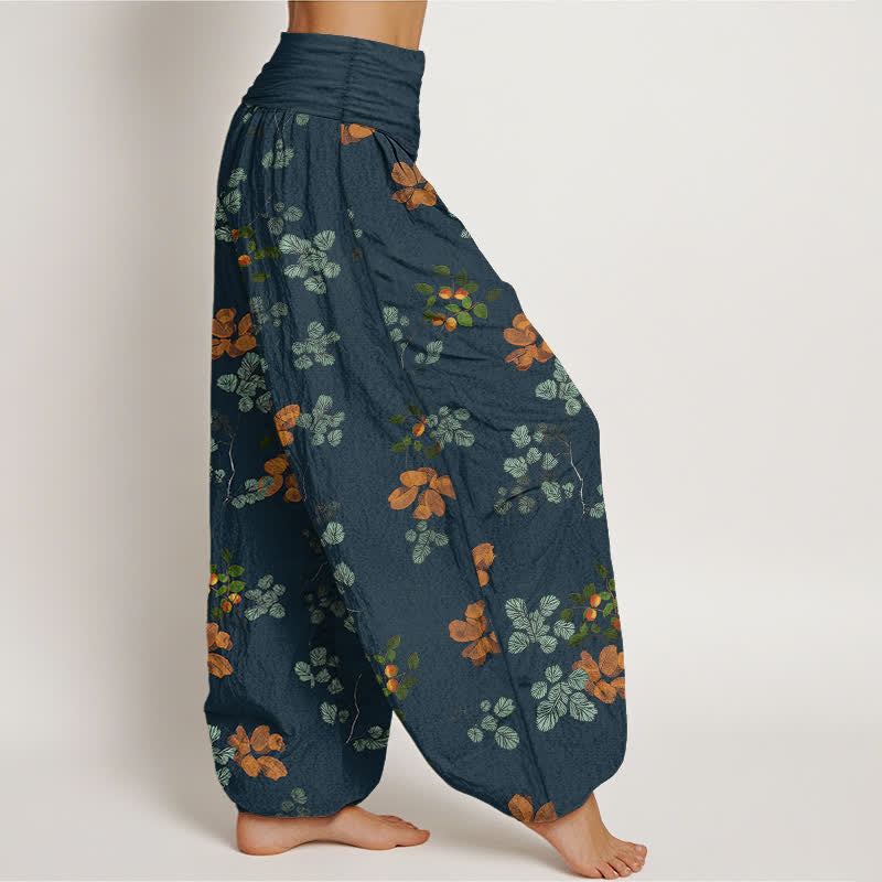Nimara Ritual Cotton Orange Blossom Mint Leaf Pattern Women's Elastic Waist Harem Pants
