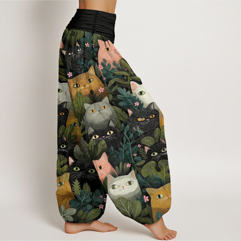 Nimara Ritual Cotton Cartoon Cat Leaf Pattern Women's Elastic Waist Harem Pants