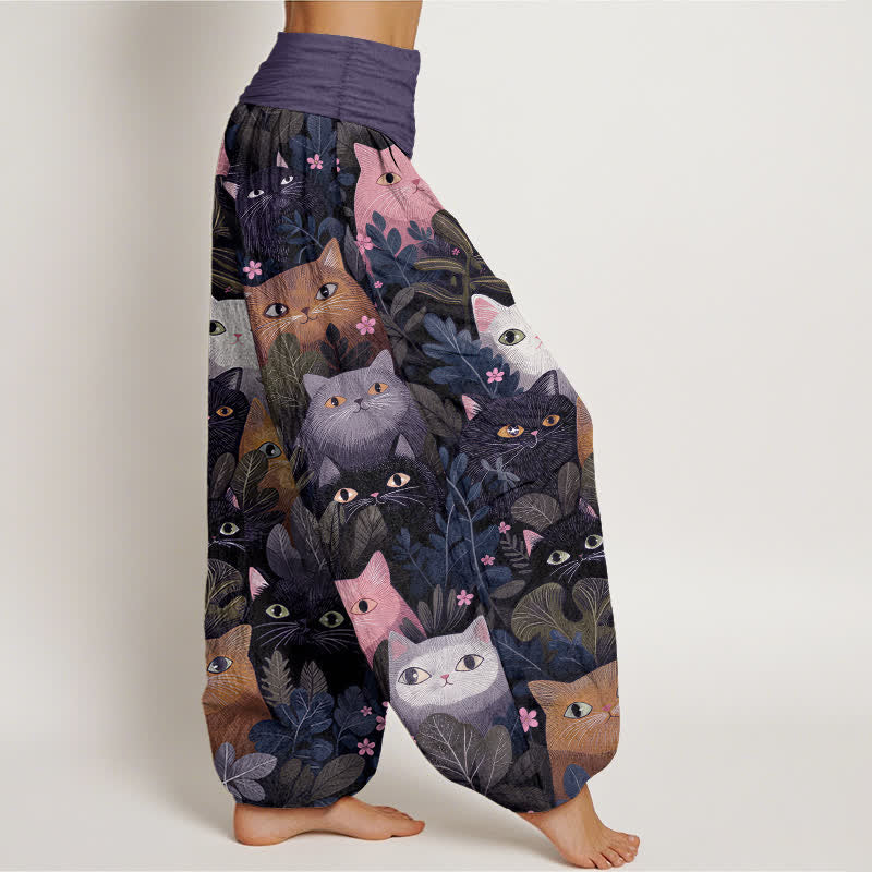 Nimara Ritual Cotton Cartoon Cat Leaf Pattern Women's Elastic Waist Harem Pants