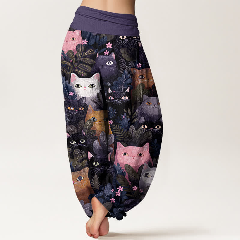 Nimara Ritual Cotton Cartoon Cat Leaf Pattern Women's Elastic Waist Harem Pants