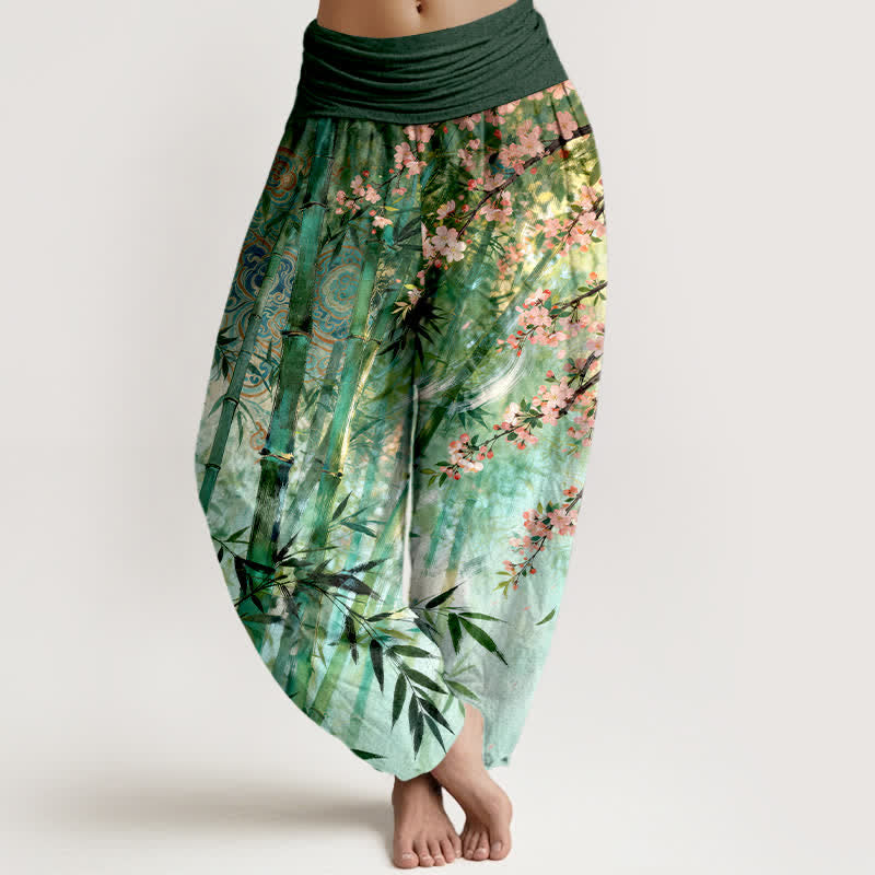 Nimara Ritual Cotton Bamboo Cherry Blossom Pattern Women's Elastic Waist Harem Pants