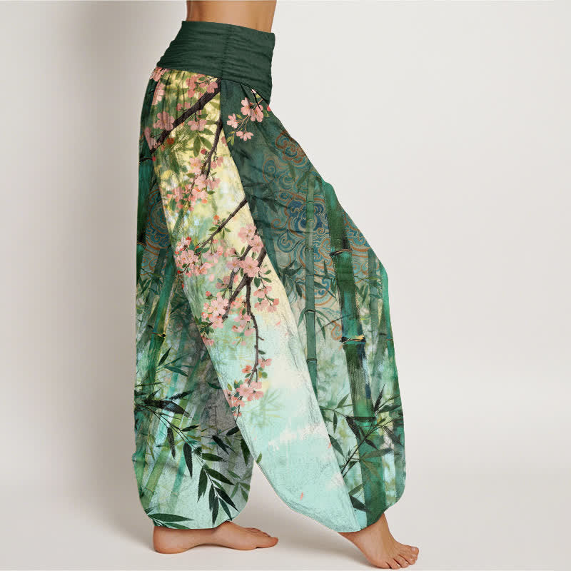 Nimara Ritual Cotton Bamboo Cherry Blossom Pattern Women's Elastic Waist Harem Pants