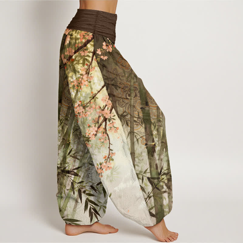 Nimara Ritual Cotton Bamboo Cherry Blossom Pattern Women's Elastic Waist Harem Pants