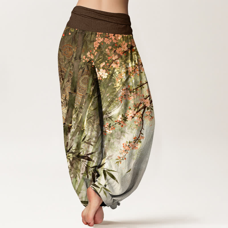 Nimara Ritual Cotton Bamboo Cherry Blossom Pattern Women's Elastic Waist Harem Pants