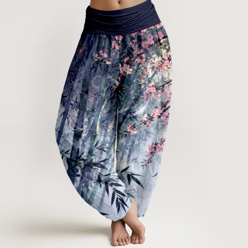 Nimara Ritual Cotton Bamboo Cherry Blossom Pattern Women's Elastic Waist Harem Pants