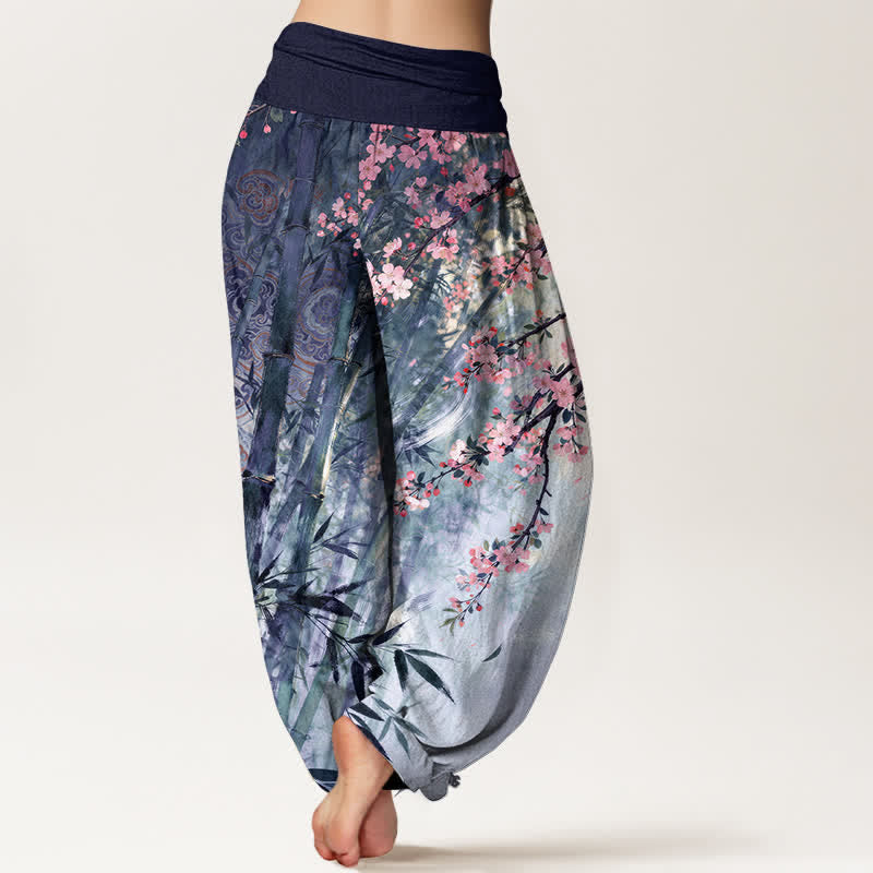 Nimara Ritual Cotton Bamboo Cherry Blossom Pattern Women's Elastic Waist Harem Pants