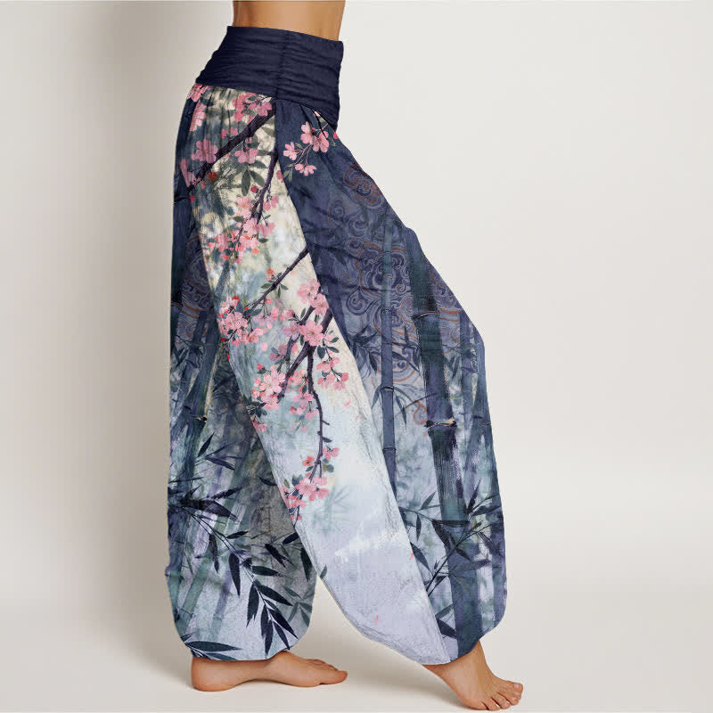 Nimara Ritual Cotton Bamboo Cherry Blossom Pattern Women's Elastic Waist Harem Pants