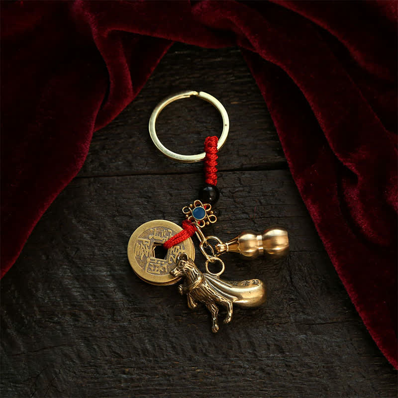 Nimara Ritual Copper Chinese Zodiac Five Emperor Coins Gourd Wealth Keychains