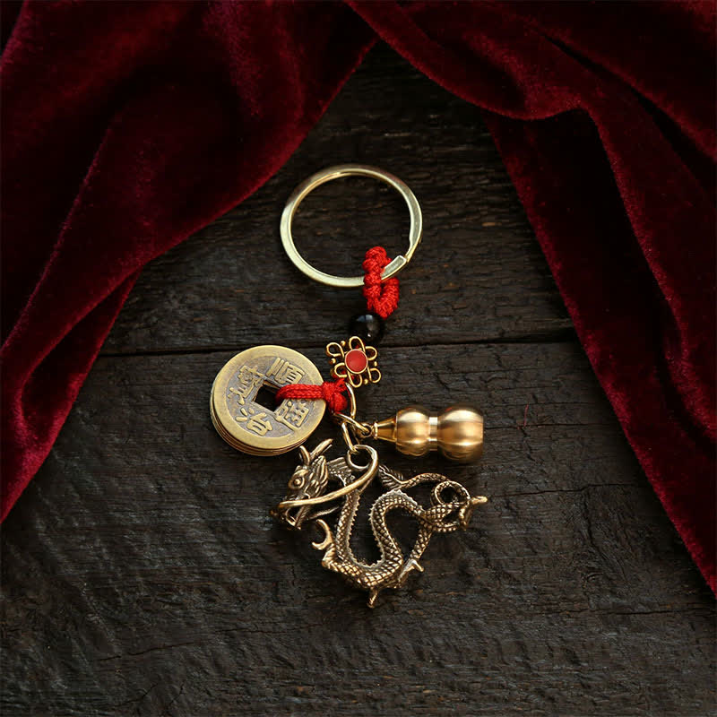 Nimara Ritual Copper Chinese Zodiac Five Emperor Coins Gourd Wealth Keychains