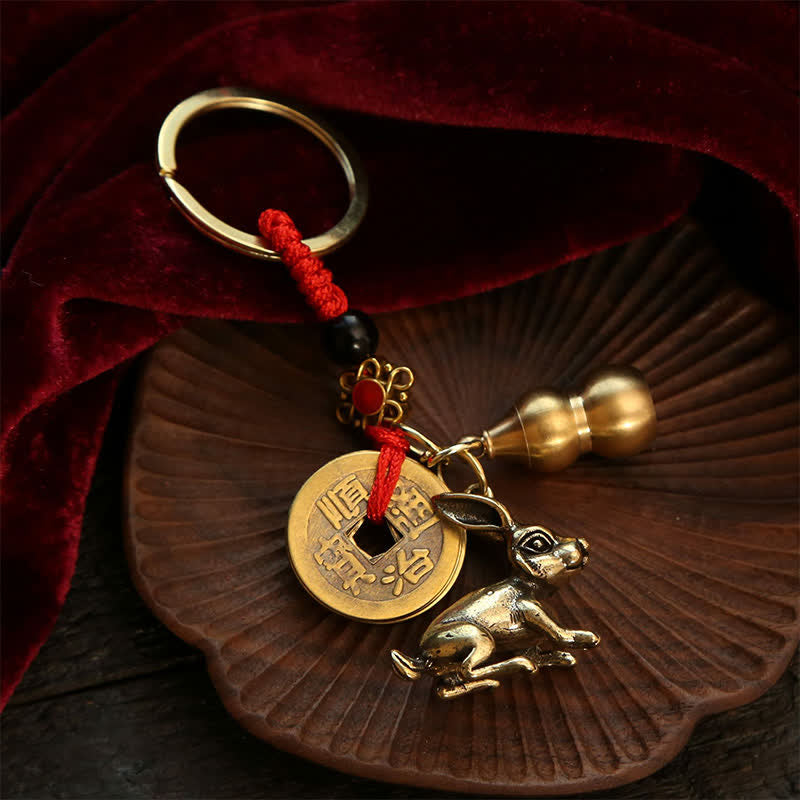 Nimara Ritual Copper Chinese Zodiac Five Emperor Coins Gourd Wealth Keychains