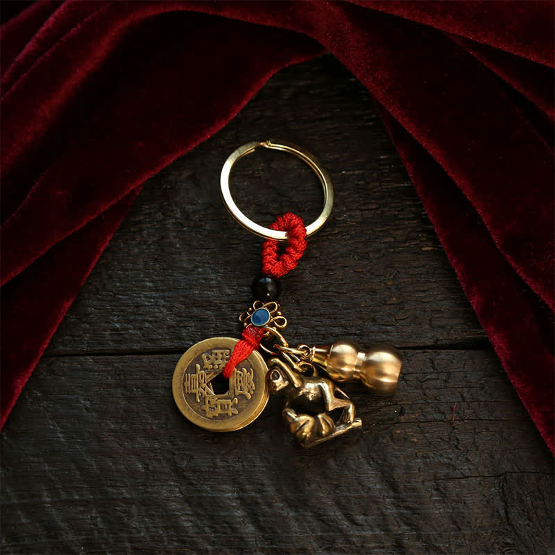 Nimara Ritual Copper Chinese Zodiac Five Emperor Coins Gourd Wealth Keychains