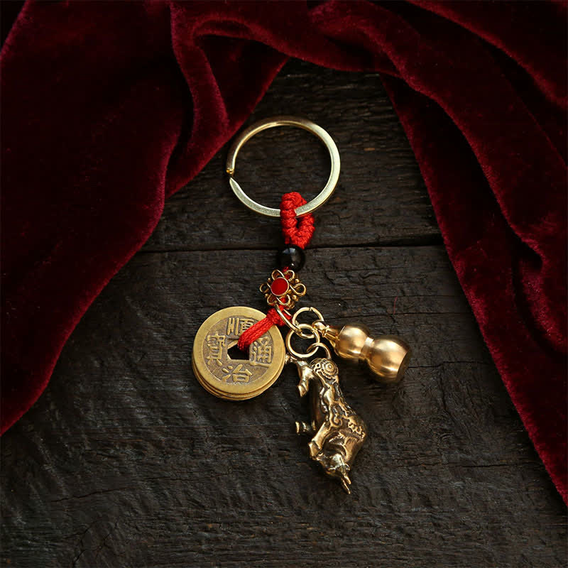 Nimara Ritual Copper Chinese Zodiac Five Emperor Coins Gourd Wealth Keychains