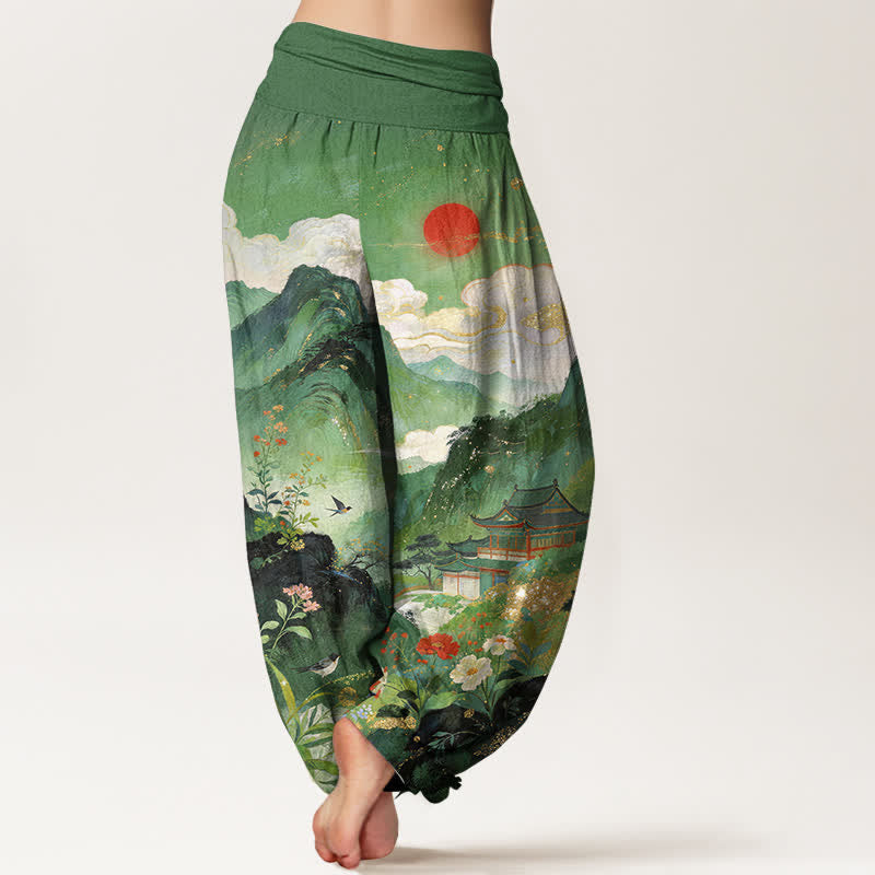 Nimara Ritual Cotton Mountain Pavilion Sun Pattern Women's Elastic Waist Harem Pants