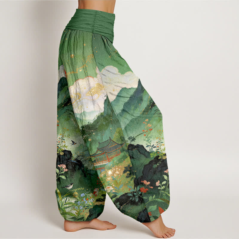 Nimara Ritual Cotton Mountain Pavilion Sun Pattern Women's Elastic Waist Harem Pants