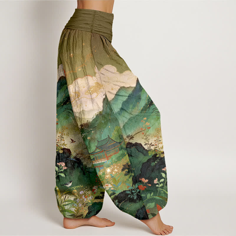Nimara Ritual Cotton Mountain Pavilion Sun Pattern Women's Elastic Waist Harem Pants