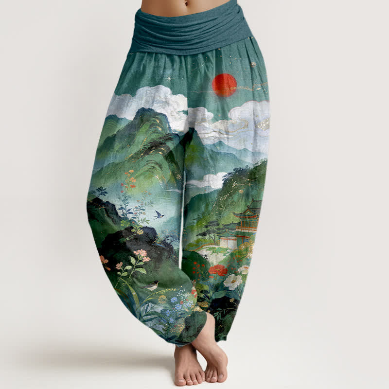 Nimara Ritual Cotton Mountain Pavilion Sun Pattern Women's Elastic Waist Harem Pants