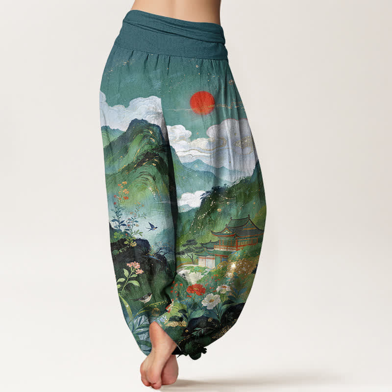 Nimara Ritual Cotton Mountain Pavilion Sun Pattern Women's Elastic Waist Harem Pants