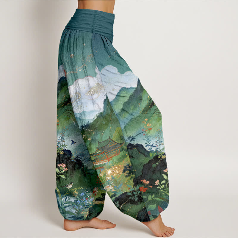 Nimara Ritual Cotton Mountain Pavilion Sun Pattern Women's Elastic Waist Harem Pants