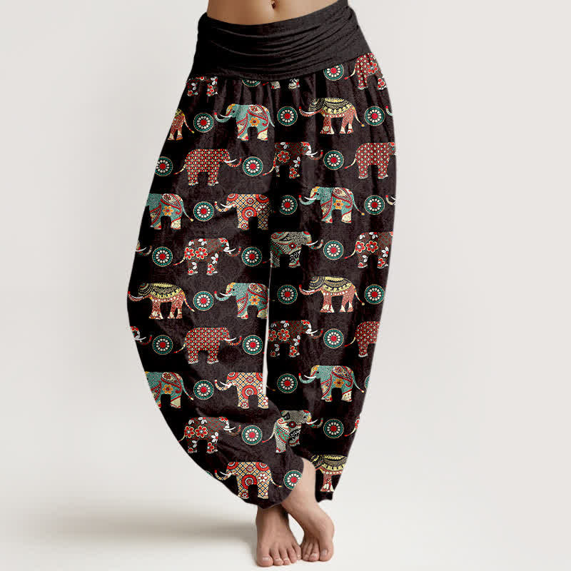 Nimara Ritual Cotton Elephant Mandala Pattern Women's Elastic Waist Harem Pants