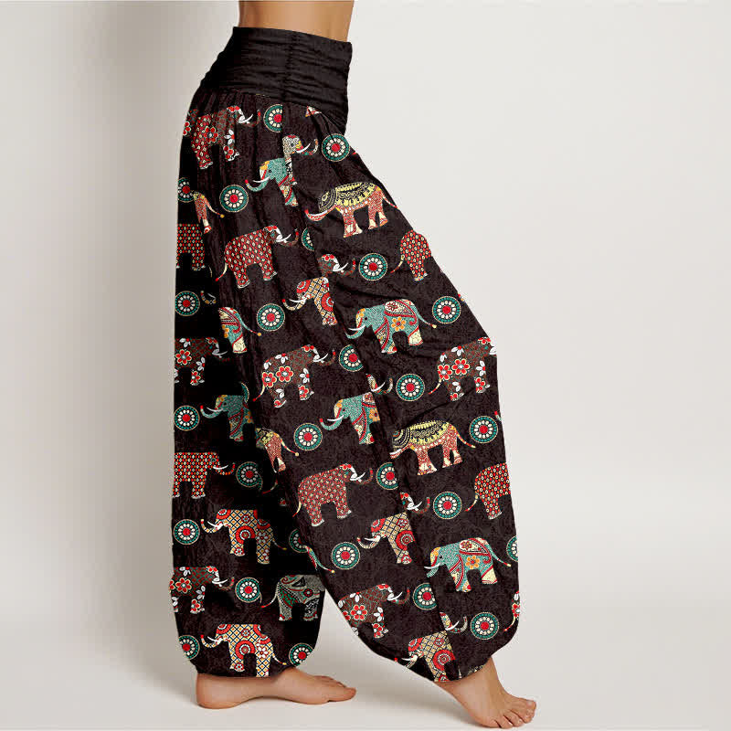 Nimara Ritual Cotton Elephant Mandala Pattern Women's Elastic Waist Harem Pants