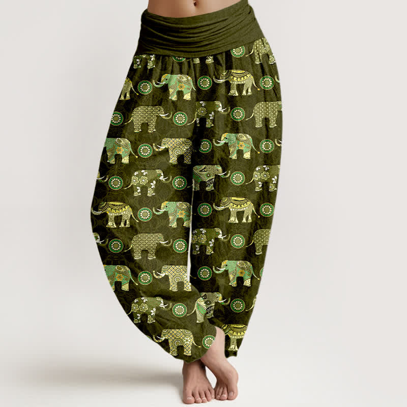 Nimara Ritual Cotton Elephant Mandala Pattern Women's Elastic Waist Harem Pants