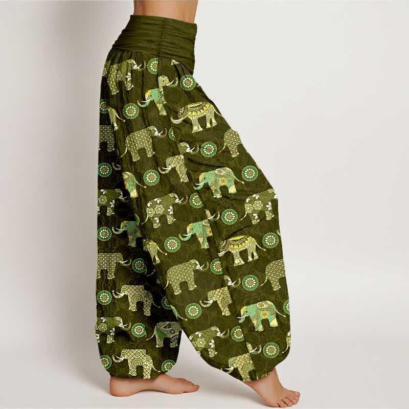 Nimara Ritual Cotton Elephant Mandala Pattern Women's Elastic Waist Harem Pants