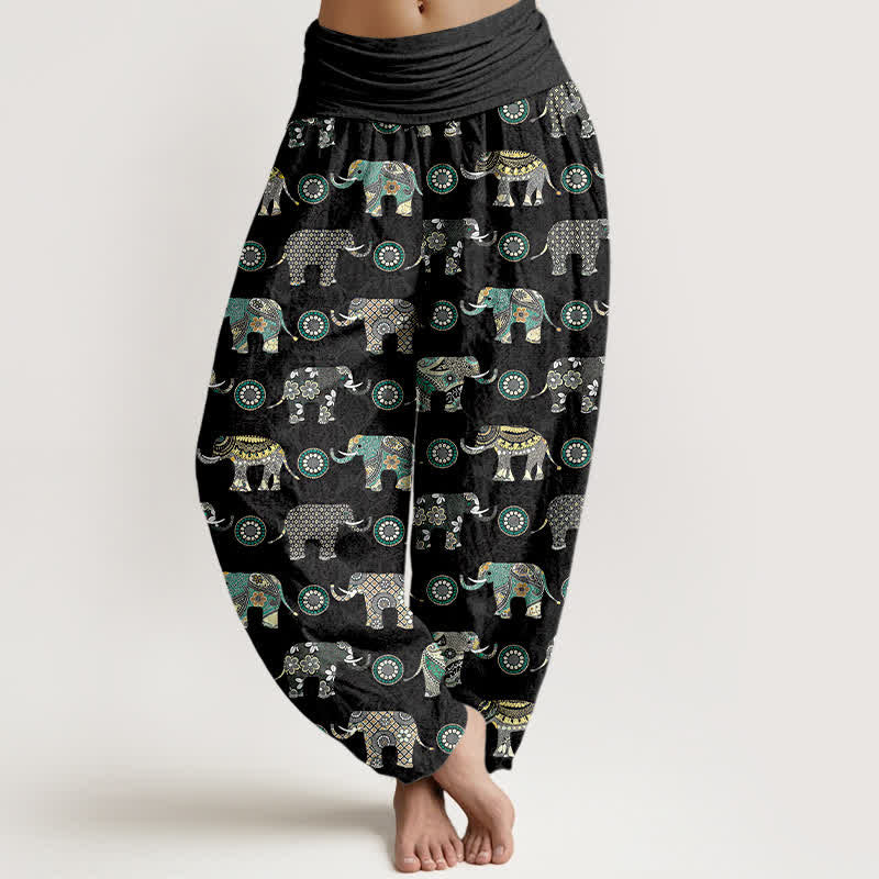 Nimara Ritual Cotton Elephant Mandala Pattern Women's Elastic Waist Harem Pants